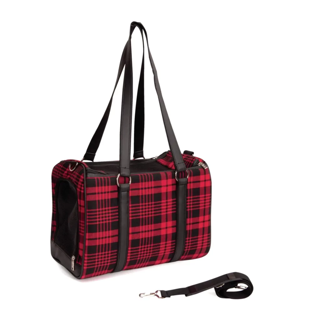 Sac transporter en tissu écossais avec poignées et bandoulière pour chien CM